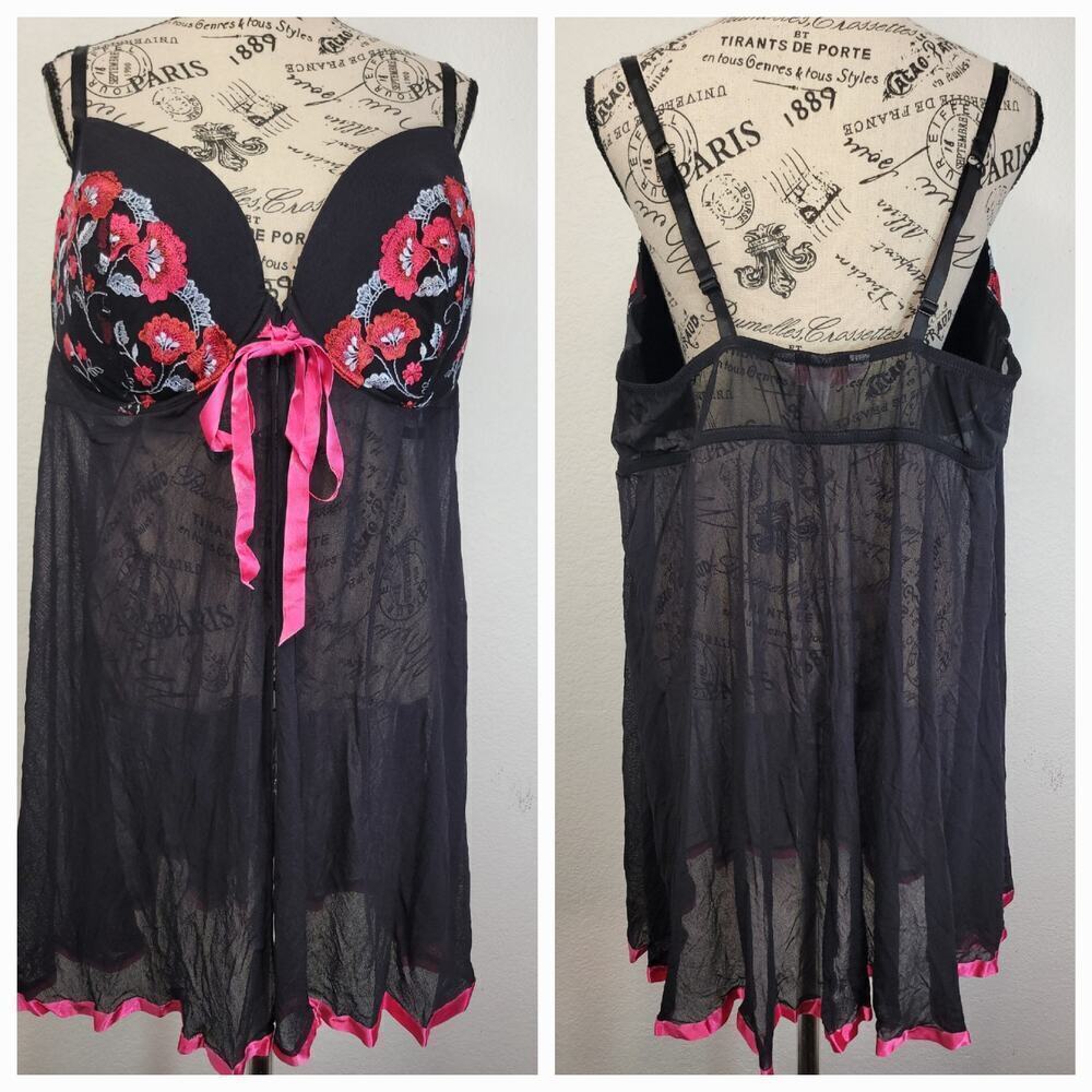 Lane Bryan Cacique Baby Doll Chemise Top 26/28 Black Floral Fairy Milkwife